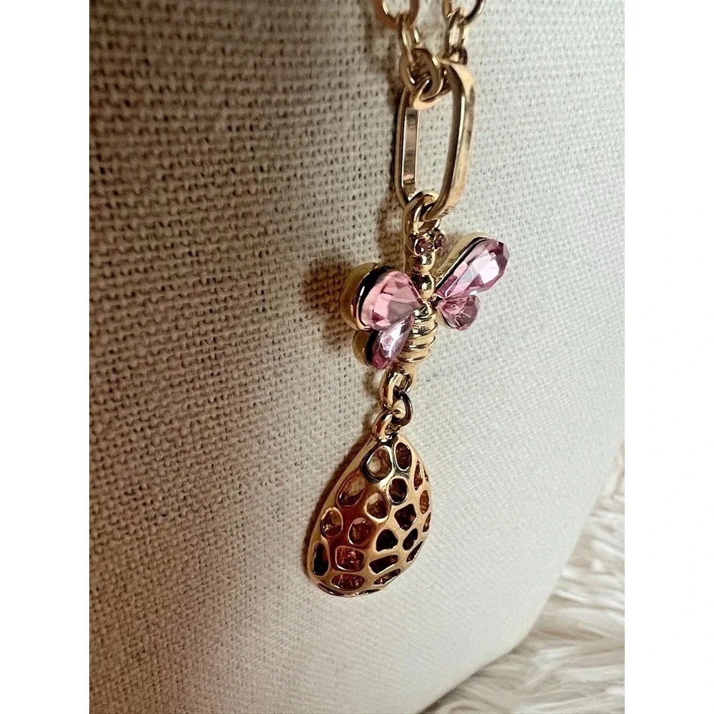 Catherine Malandrino Butterfly Necklace Pink Crystal Gold Feminine Romantic Soft